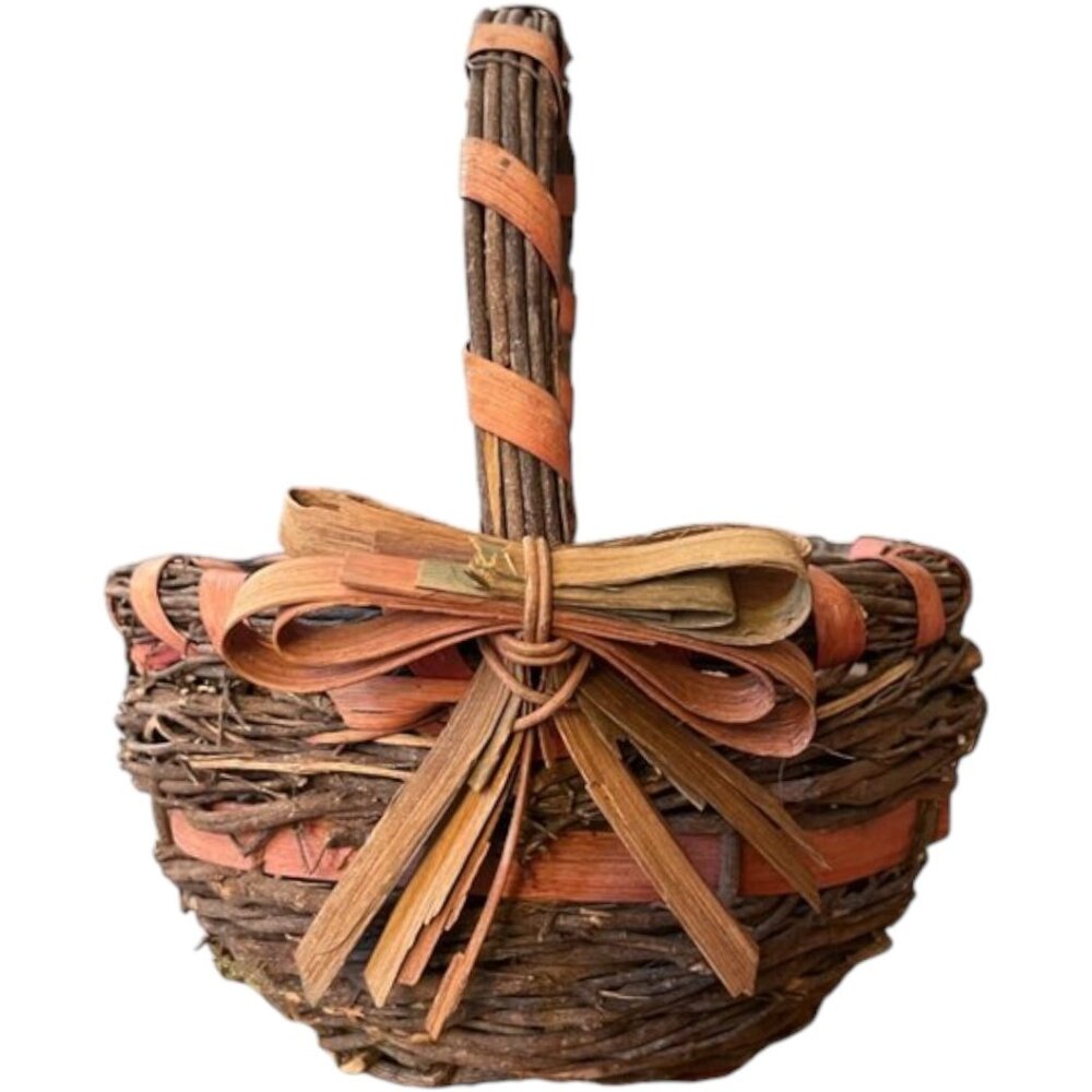 Vtg Shabby Chic Rustic Brown Oval Basket Sticks Twigs Fiber Bow & "Ribbon" 8" W